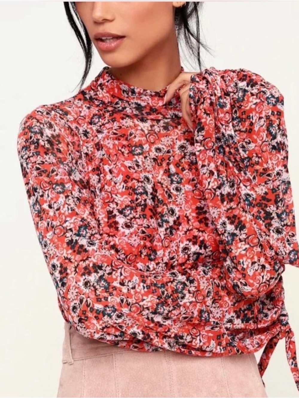 Free People All Dolled Up Sheer Red key hole Mock Neck Crop Blouse XS